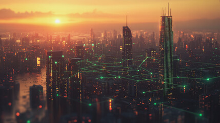 Fototapeta premium Smart Innovation city with connection cyber security network reciprocity over the sunset cityscape future wireless digital city and social media networking systems that connects people in the city