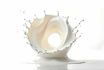 Dynamic white milk splash crown formation on pure white background, liquid photography with high-speed capture of dairy splash and ripple effect