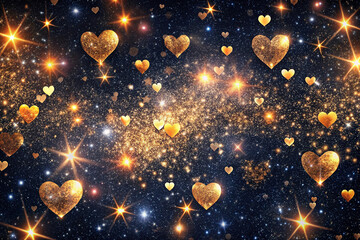 Bright Golden Hearts Scattered Across a Starry Cosmic Background at Night