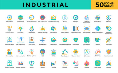 Industrial icon set with regulations, compliance, quality assurance, iso certification, lean manufacturing, kaizen, six sigma, continuous improvement, productivity icon. Simple flat color vector 
