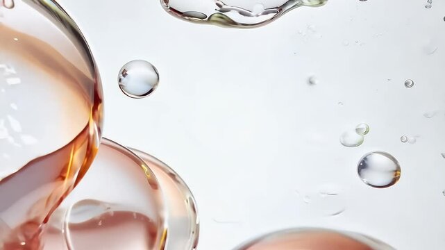 Crystal clear liquid transparent red bubbles showcased gradient white backdrop ideal scientific cosmetic video presentations