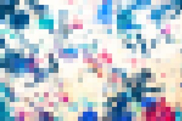 A colorful pixelated background with a blue and pink flower. The image is abstract and has a playful, whimsical feel to it
