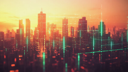 Fototapeta premium Smart Innovation city with connection cyber security network reciprocity over the sunset cityscape future wireless digital city and social media networking systems that connects people in the city