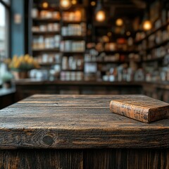 Rustic Wooden Table with Old Book in Vintage Shop Background