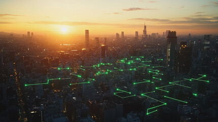 Smart Innovation city with connection cyber security network reciprocity over the sunset cityscape future wireless digital city and social media networking systems that connects people  in the city