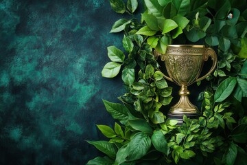 Gold trophy nestled in lush green leaves against a dark teal background. Perfect for success, achievement, or environmental themes.