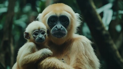 Obraz premium close image of Yellow Cheeked Gibbon monkey (Nomascus Gabriallae) mother with child in the forest 