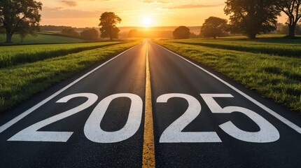 Large '2025' text written on a clean asphalt road, stretching into the horizon under a glowing sunrise. Surrounded by green fields and trees,
