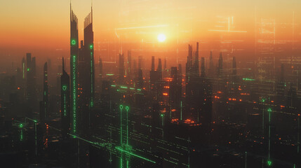 Fototapeta premium Smart Innovation city with connection cyber security network reciprocity over the sunset cityscape future wireless digital city and social media networking systems that connects people in the city