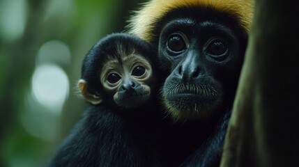 Obraz premium close image of Yellow Cheeked Gibbon monkey (Nomascus Gabriallae) mother with child in the forest 
