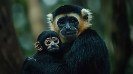 Fototapeta premium close image of Yellow Cheeked Gibbon monkey (Nomascus Gabriallae) mother with child in the forest 