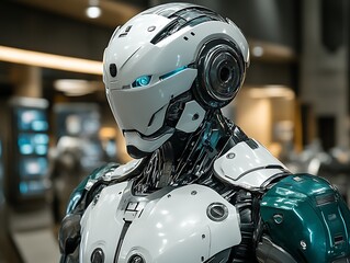 Futuristic robot head and torso close-up.