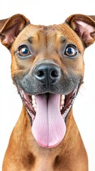 Obraz premium A happy brown dog with a big smile and tongue out, set against a white background.