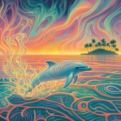 Fototapeta premium Psychedelic dolphin glowing ocean, surreal neon horizon, tropical palms, vibrant colors, vaporwave-inspired sunset.