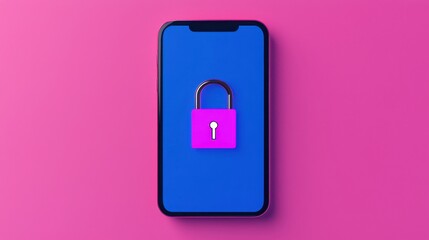 Register account and security concept. Smartphone displaying a locked padlock against a vibrant background.