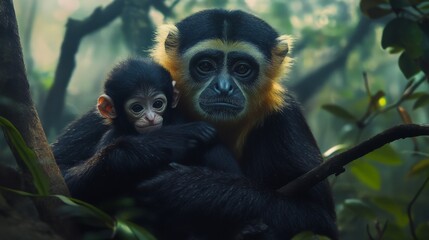 Obraz premium close image of Yellow Cheeked Gibbon monkey (Nomascus Gabriallae) mother with child in the forest 
