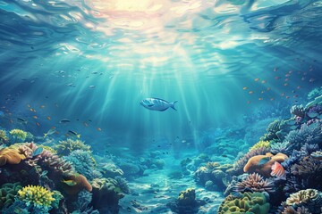 Fototapeta premium A serene underwater scene featuring vibrant coral reefs and a solitary fish swimming gracefully in illuminated waters.