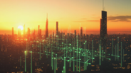 Fototapeta premium Smart Innovation city with connection cyber security network reciprocity over the sunset cityscape future wireless digital city and social media networking systems that connects people in the city