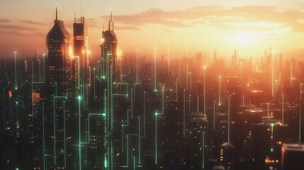 Smart Innovation city with connection cyber security network reciprocity over the sunset cityscape future wireless digital city and social media networking systems that connects people  in the city