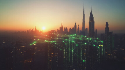 Obraz premium Smart Innovation city with connection cyber security network reciprocity over the sunset cityscape future wireless digital city and social media networking systems that connects people in the city