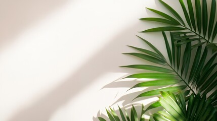Fototapeta premium A serene composition featuring green palm leaves against a light wall, creating a calming atmosphere.