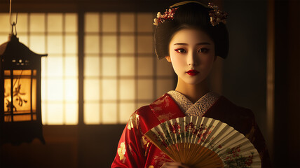 Fototapeta premium 伝統的な和室で扇を持つ芸者