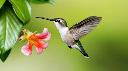 A hummingbird hovering near a vibrant flower in nature.