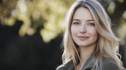 Naklejka premium Closeup portrait of young attractive woman outdoors with copy space. Beautiful blond girl model. Cheerful lady on neutral background spring, fall, autumn