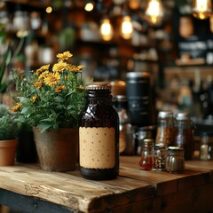 Rustic Brown Glass Bottle with Craft Label and Yellow Flowers in a Cafe Setting