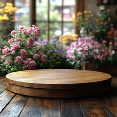 Rustic Wooden Round Tabletop Display with Blurred Floral Background