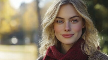 Naklejka premium Closeup portrait of young attractive woman outdoors with copy space. Beautiful blond girl model. Cheerful lady on neutral background spring, fall, autumn