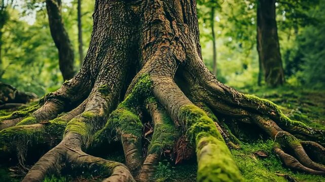 A large tree with its roots sticking out of the ground. The roots are covered in moss and the tree is surrounded by green grass. Concept of growth and life, as the tree