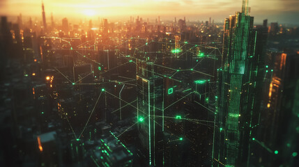 Obraz premium Smart Innovation city with connection cyber security network reciprocity over the sunset cityscape future wireless digital city and social media networking systems that connects people in the city