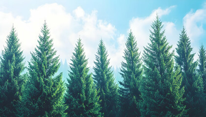 Fototapeta premium Majestic evergreen trees stand tall against a serene, lightly clouded sky, creating a tranquil forest scene perfect for nature-themed designs.