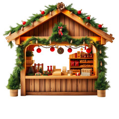 Charming Christmas Market Kiosk with Festive Decor on transparent background