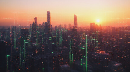 Fototapeta premium Smart Innovation city with connection cyber security network reciprocity over the sunset cityscape future wireless digital city and social media networking systems that connects people in the city