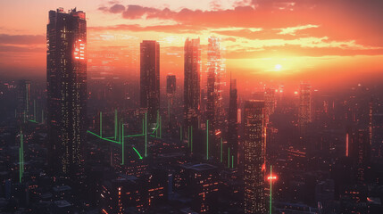 Fototapeta premium Smart Innovation city with connection cyber security network reciprocity over the sunset cityscape future wireless digital city and social media networking systems that connects people in the city