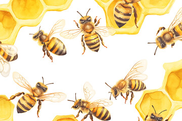 A watercolor illustration of bees around honeycomb, depicting nature's pollinators.