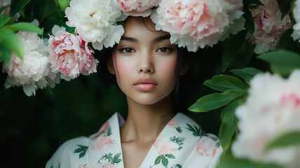 芍薬に囲まれた和装の女性の優雅な一瞬