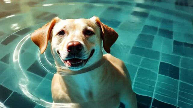 A dog is swimming in a pool and appears to be enjoying himself. The water is clear and calm, and the dog is floating on his back, looking up at the sky. The scene is peaceful and relaxing