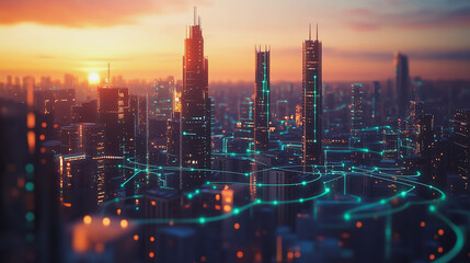 Fototapeta premium Smart Innovation city with connection cyber security network reciprocity over the sunset cityscape future wireless digital city and social media networking systems that connects people in the city