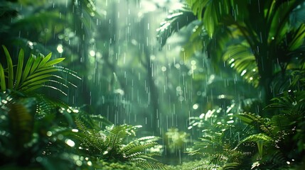 Lush rainforest scene with heavy rainfall, showcasing vibrant green foliage and a mystical atmosphere.