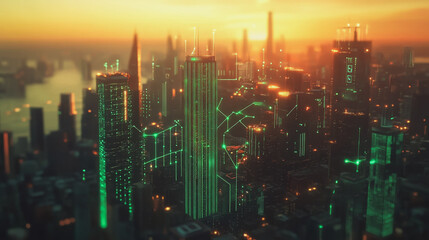 Fototapeta premium Smart Innovation city with connection cyber security network reciprocity over the sunset cityscape future wireless digital city and social media networking systems that connects people in the city