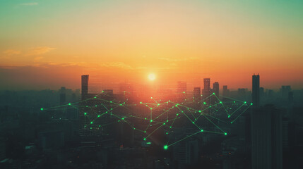 Fototapeta premium Smart Innovation city with connection cyber security network reciprocity over the sunset cityscape future wireless digital city and social media networking systems that connects people in the city