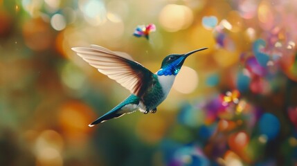 Obraz premium Colorful and tropical male White-necked Jacobin hummingbird, Florisuga mellivora, hovering in the air in a garden with a colorful blurred background