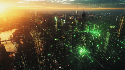 Obraz premium Smart Innovation city with connection cyber security network reciprocity over the sunset cityscape future wireless digital city and social media networking systems that connects people in the city