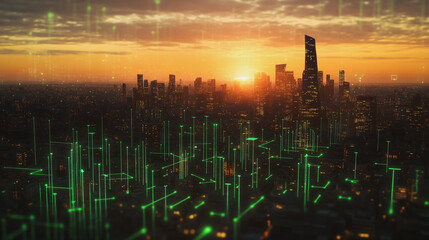 Fototapeta premium Smart Innovation city with connection cyber security network reciprocity over the sunset cityscape future wireless digital city and social media networking systems that connects people in the city