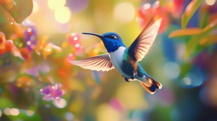 Colorful and tropical male White-necked Jacobin hummingbird, Florisuga mellivora, hovering in the air in a garden with a colorful blurred background