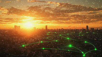 Obraz premium Smart Innovation city with connection cyber security network reciprocity over the sunset cityscape future wireless digital city and social media networking systems that connects people in the city