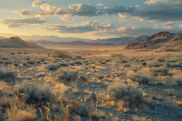 Breathtaking desert landscape at sunset, showcasing golden hues and majestic mountains in the distance.